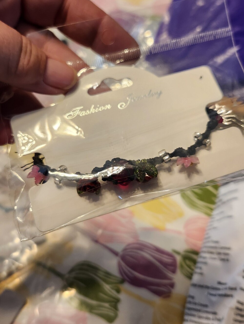 Fashion Jewelry Pink Flower and Green Leaf Bracelet